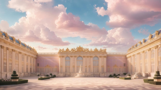 Foto bellissimo palazzo di versailles in uno scenario di nuvole pastello