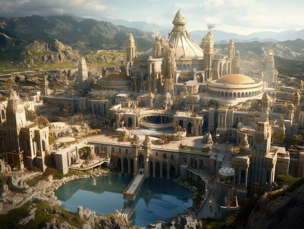 A beautiful palace with a pond in the foreground the sun shines on the palace in the style of mythologyinspired architecture Generative AI