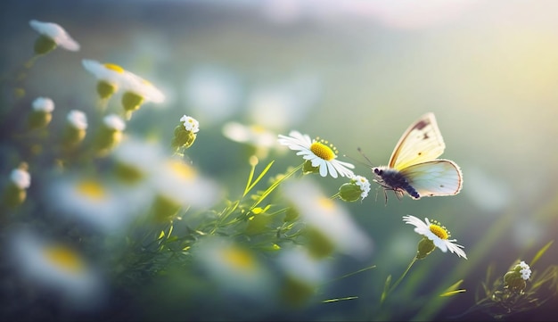 아름 다운 옅은 노란색 나비 흐린된 녹색 꽃에 야생 흰 꽃의 꽃이 핌에 앉아