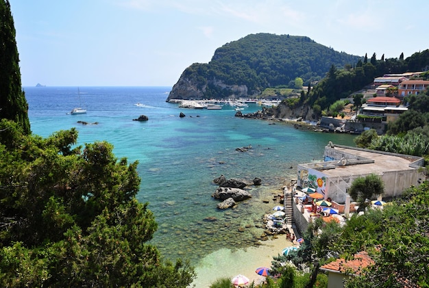 Beautiful Paleokastrica beach landscape on Corfu Kerkyra Greece Beautiful colorful island for summer holidays and travel