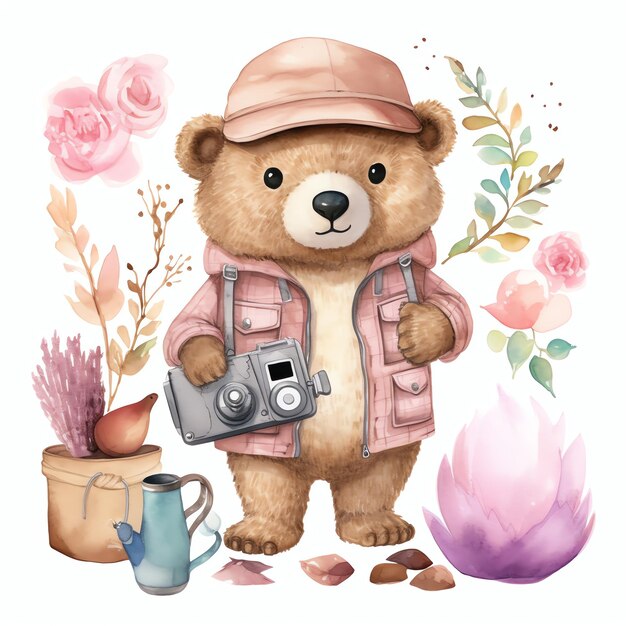 Photo beautiful paleontologist teddy blue teddy bear watercolor clipart illustration