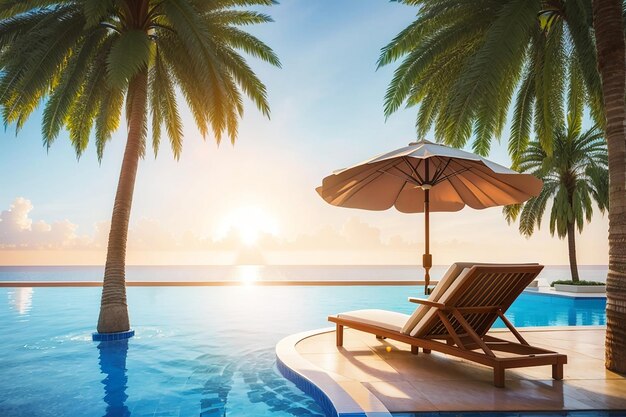 사진 해가 뜨는 시간 에 럭셔리 호텔 리조트 에 있는 우산 의자 수영장 을 가진 아름다운  ⁇ 나무 휴가 및 휴가 개념