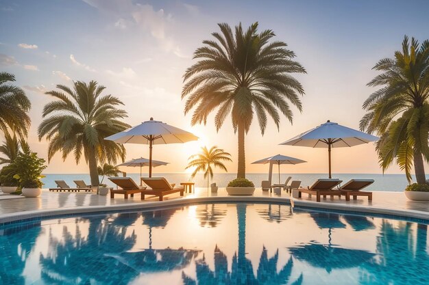 Beautiful palm tree with umbrella chair pool in luxury hotel resort at sunrise times holiday and vacation concept