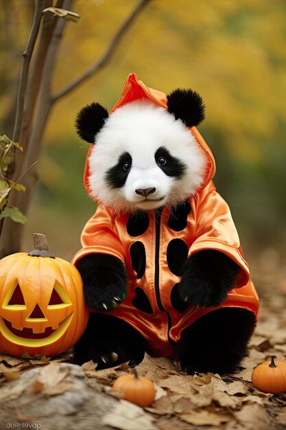 Foto bella panda con costume di halloween festa stagionale ai generativa
