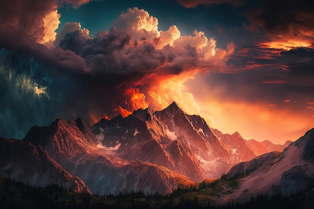 Beautiful panorama of a cloud covered Canadian mountain range during a fiery summer sunset