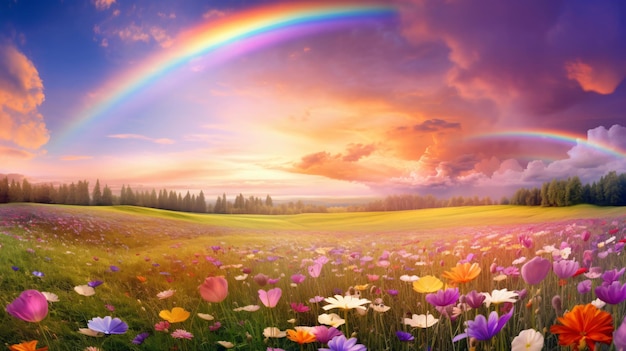 Beautiful panorama rural landscape with sunrise and rainbow