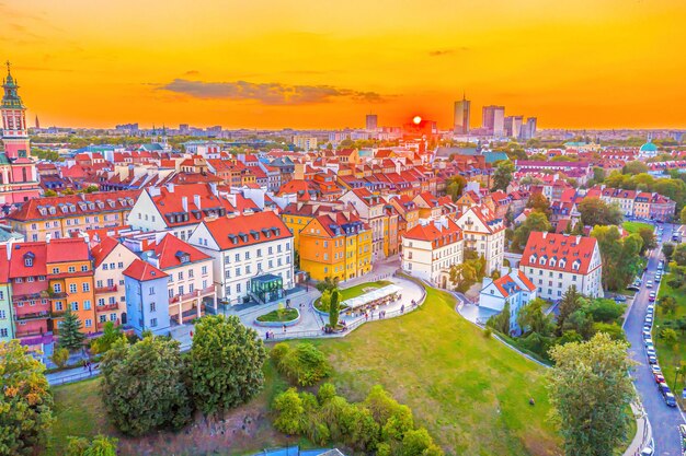 Beautiful panoramic aerial drone skyline sunset view of the warsaw city centre