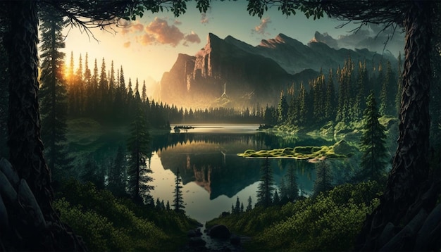 A beautiful panoramic landscape green forest with a lake and sunrise in the back mountain background with generative ai