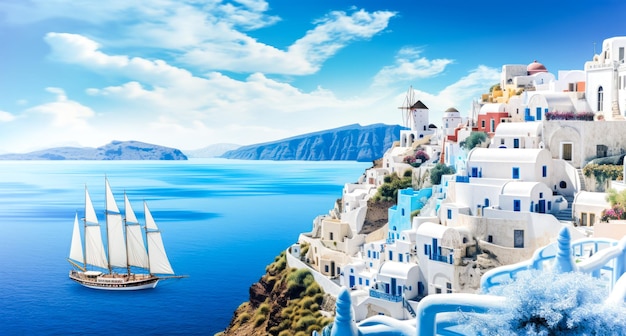 흰색 건축물로 유명한 섬 럭셔리 리조트 바다 전망의 아름다운 탁 트인 풍경