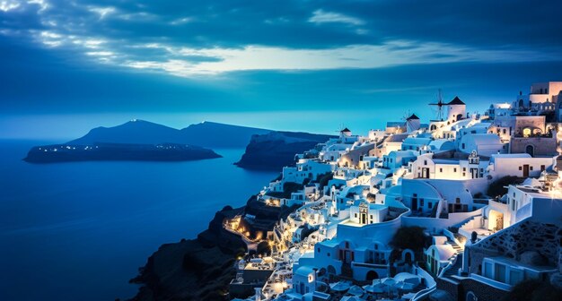 写真 白い建築の島の高級リゾート海の美しいパノラマ風景