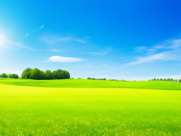 太陽が昇る青い空を背景に草のある緑の野原の美しいパノラマの自然の風景