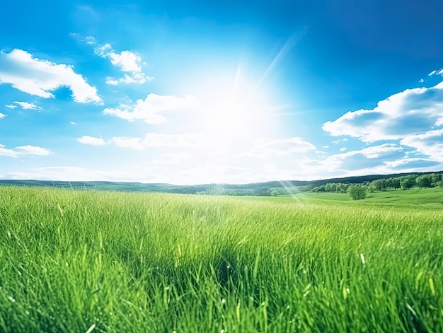 Beautiful panoramic natural landscape of green grass and blue sky