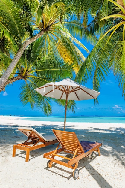 美しいパノラマの自然。熱帯のビーチの日当たりの良い夏の島の風景、カップルの椅子の傘
