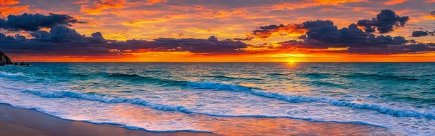 Beautiful panoramic sunset tropical paradise beach Tropical sunset beach seaside palm calm sea panorama exotic nature view inspirational seascape scenic Generative AI