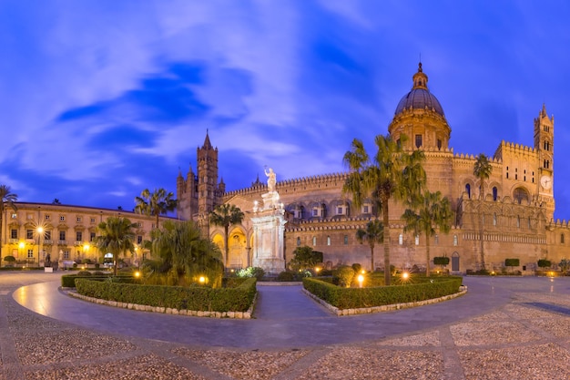 Beautiful panoramic view of Metropolitan Cathedral of the Assumption of Virgin Mary in Palermo at night Sicily Italy