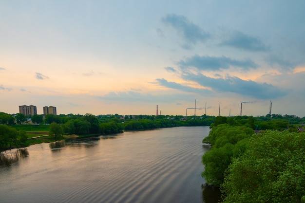 Beautiful panoramic view of a tall pedestrian and water pipe bridge across 