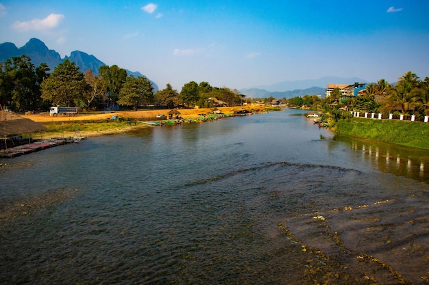 A beautiful panoramic view of Vang Vieng city located in Laos