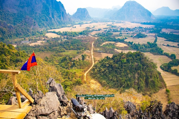 A beautiful panoramic view of Vang Vieng city located in Laos