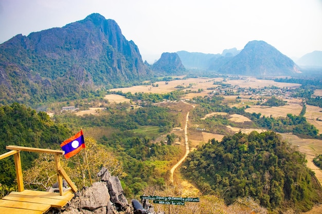 A beautiful panoramic view of Vang Vieng city located in Laos