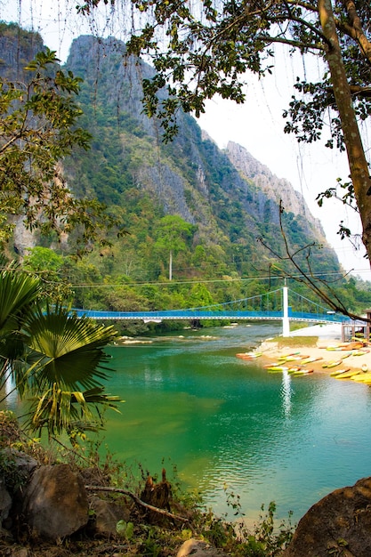 A beautiful panoramic view of Vang Vieng city located in Laos