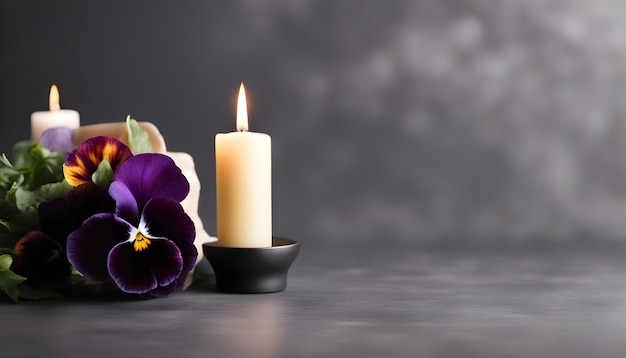 Beautiful pansy and burning candle on dark background