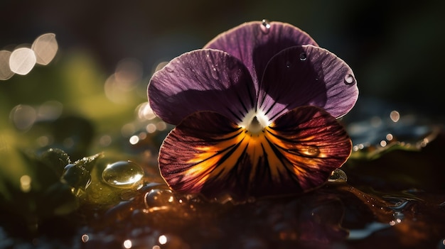 Beautiful Pansy With A Glistening Drop Of Water In Sunlight