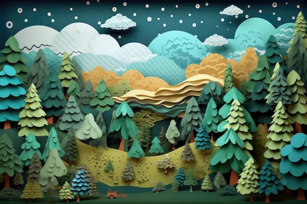 Beautiful paper art forest outdoor scenery