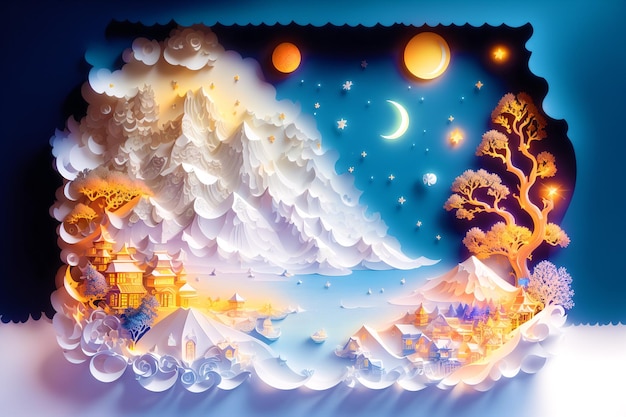 A beautiful Papercut landscape The Enchanting Beauty of Papercut Landscapes Papercut illustration Generative AI