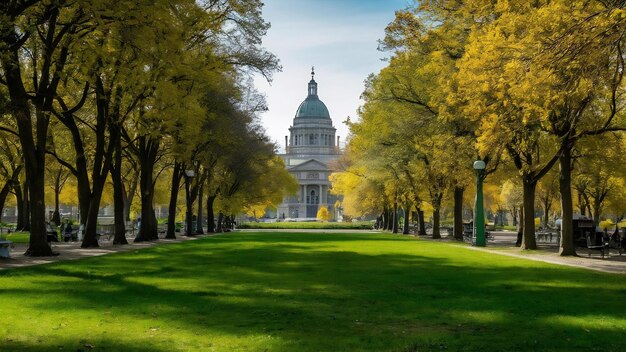 Beautiful park scene in public park with green grass field