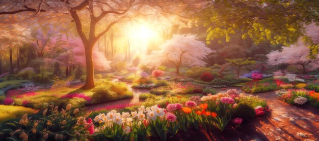 Beautiful park with different flowers and path in the morning at sunrise