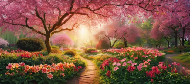 Beautiful park with different flowers and path in the morning at sunrise