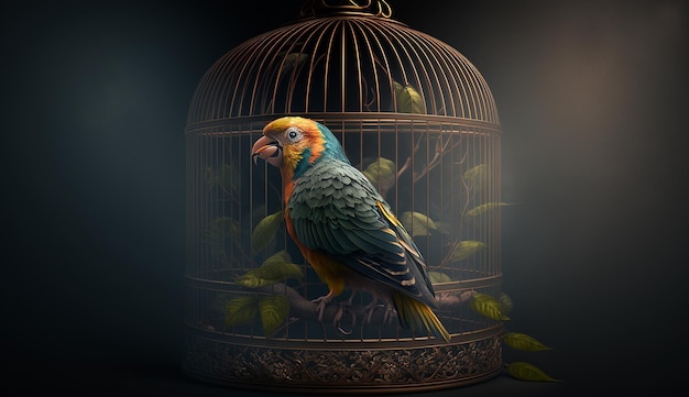美しいオウム鳥が檻の中に座っているコンゴウインコの画像、AI 生成アート