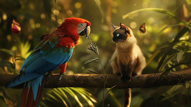 A beautiful parrot and a cat are sitting on a branch in the jungle