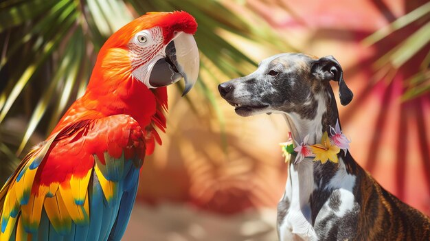 Foto un bellissimo pappagallo e un cane curioso stanno condividendo un momento