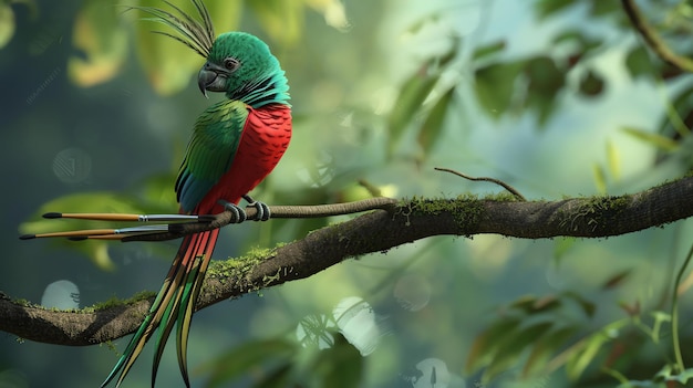 A beautiful parrot sits on a branch in the rainforest The parrot has bright green red and blue feathers The background is a blur of green leaves