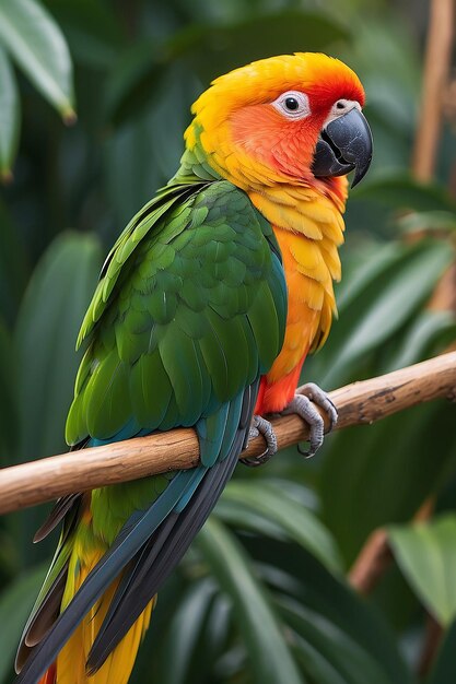 Beautiful parrot sun conure on tree branch