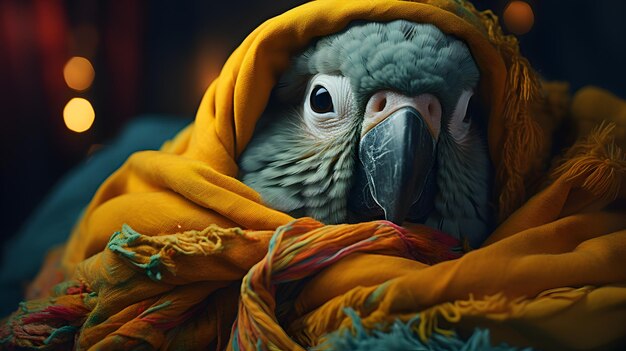 beautiful parrot in the yellow blanket