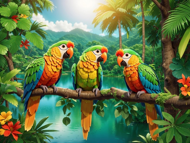 Beautiful parrots sitting on a branch with beautiful jungle background