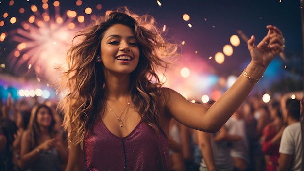 Beautiful party girl enjoying on music open air festival with dancing and cheering audience on fireworks light background Happy party girl enjoy and celebrating evening concert