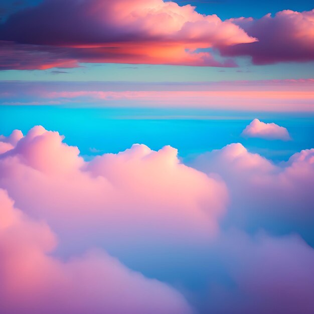 Beautiful pastel cloudscape fluffy clouds in the sky horizon from a plane