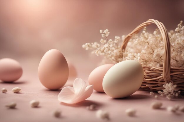 Beautiful pastel color Easter eggs and flowers in a basket with copy space