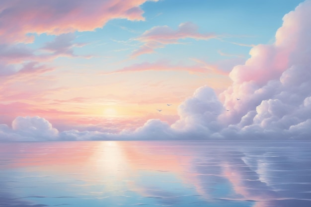햇빛이 있는 물에 아름다운 파스텔톤 색 하늘 반사