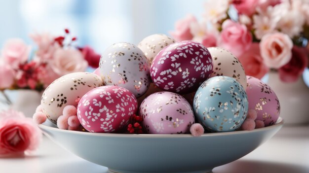 Beautiful pastelpainted Easter eggs spring background with flowers
