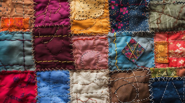 Foto una bellissima coperta di patchwork con una varietà di motivi e tessuti colorati