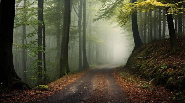Beautiful path in misty forest