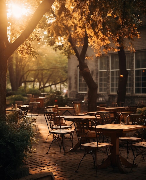 a beautiful patio setup with tables and chairs in the style of earthy color palettes golden light