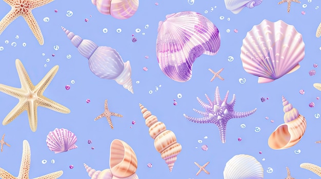 A beautiful pattern of glittery starfish and shells on a blue background in pastel purple pink and silver colors