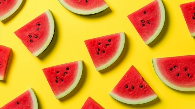 beautiful pattern with fresh watermelon slices on yellow bright background