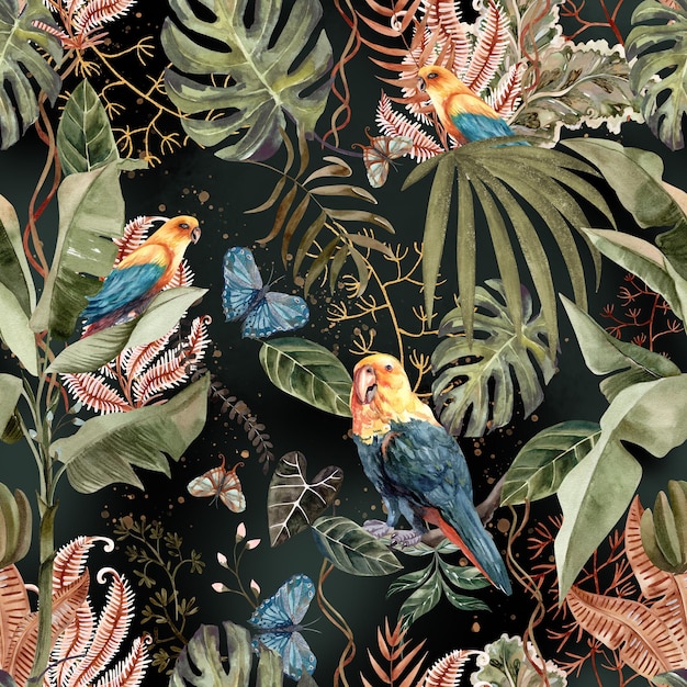 Photo beautiful pattern with nice watercolor parrots and tropical leaves