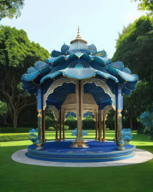 Beautiful pavilion in the park with green grass and blue sky